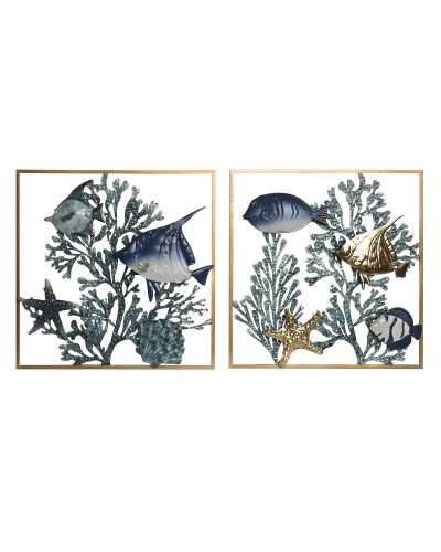 Wanddekoration Home ESPRIT Blau Gold Mediterraner Fische 50 x 4 x 50 cm (2 Stück)