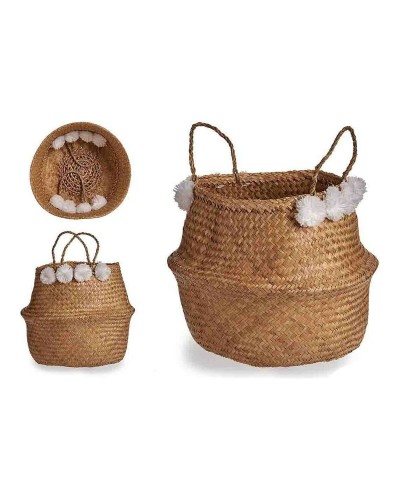 Basket White Brown Natural Rushes Pompoms 8 L 32 x 30 x 32 cm