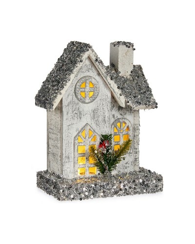 Dekorative Weihnachtsstatue aus Holz, weiß-grauer Glitzer mit LEDs - 19,5 x 25 x 9 cm
