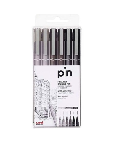Marqueur Permanent Uni-Ball PIN-200S - Noir, Gris, Multicolore (6 Pièces)
