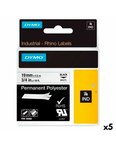Laminoitu teippi tarrakoneelle Rhino Dymo ID1-19 19 x 5,5 mm Musta Polyesteri Valkoinen Itseliimautuvat (5 osaa)