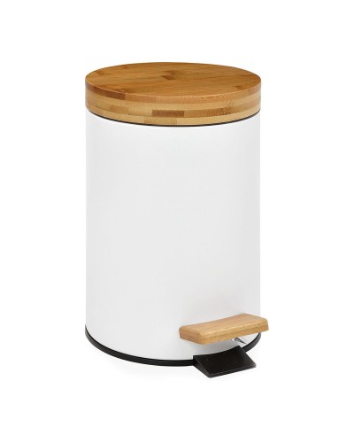 Cestino Andrea House con Pedale, 3L, Ø 17 x 26 cm, Metallo Bianco Mat, Bambù