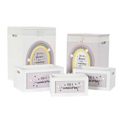 DKD Home Decor Cesti Multifunzione in Legno Paulownia per Bambini (5 Pezzi), Giallo/Bianco/Grigio/Rosa, 40 x 30 x 55 cm