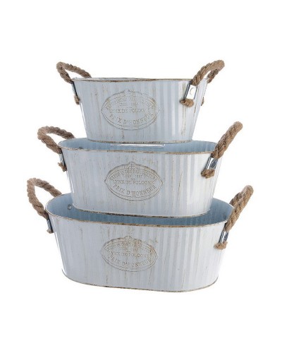 Decoris Flower Pots Set 3 Oval Metal with Rope and Handles, White and Zinc
