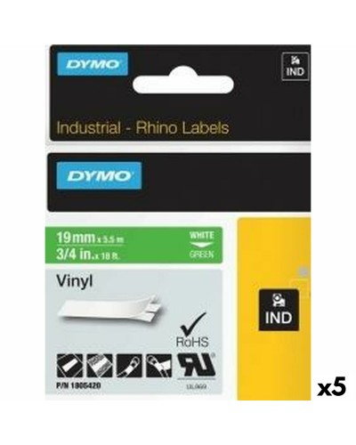 Laminoitu teippi tarrakoneelle Rhino Dymo ID1-19 19 x 5,5 mm Valkoinen Vihreä Vinyylit Itseliimautuvat (5 osaa)