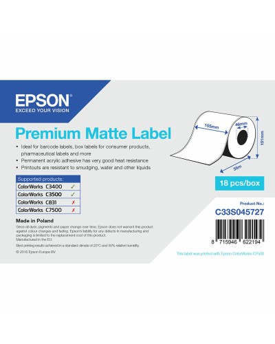 Etiketter till Skrivare Epson C33S045727 Vit 46 mm (18 antal)