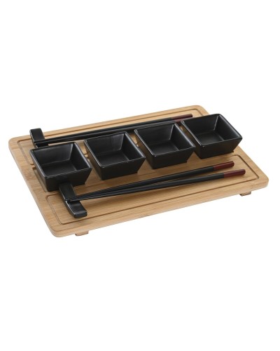 DKD Home Decor Set Sushi : Bambou, Grès Naturel Noir - Style Oriental

