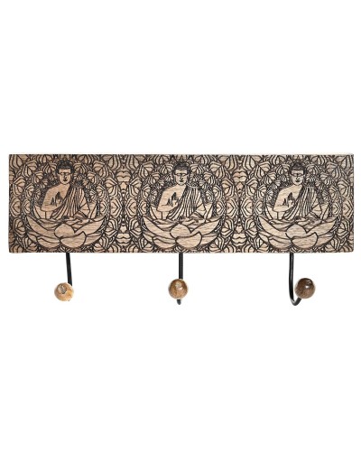Väggmonterad rockhängare DKD Home Decor Metall Mangoträ Naturell Buddha Orientalisk 38 x 6 x 18 cm