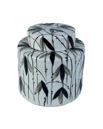 Vase Oriental DKD Home Decor en Porcelaine Noir et Blanc, Feuille de Plante, 17 x 17 x 16 cm
