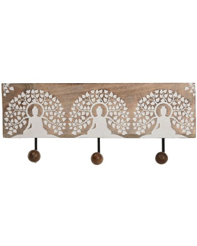 Perchero de Pared Home ESPRIT Blanco Negro Natural Metal Madera de mango Buda 38 x 5 x 16 cm