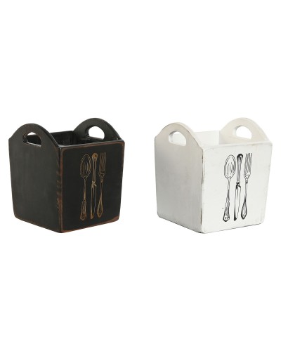 Besteckkorb Home ESPRIT Weiß Schwarz Tannenholz 15 x 15 x 18 cm