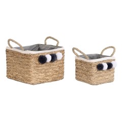 Paniers DKD Home Decor en Fibre Naturelle Pompons | Ensemble de 2 | 33x33x25 cm | Cuisine et Décoration

