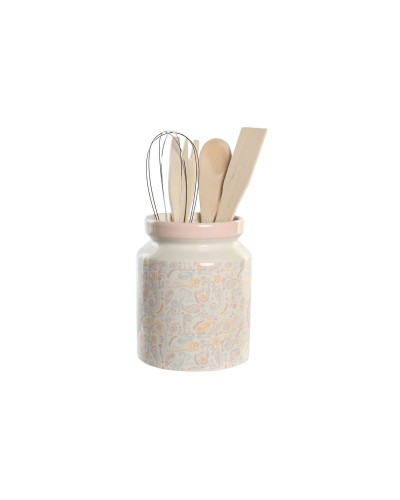 DKD Home Decor Contenitore Portautensili da Cucina in Metallo e Legno, 12 x 12 x 25 cm, Bianco e Rosa Dolomite, Set da 5