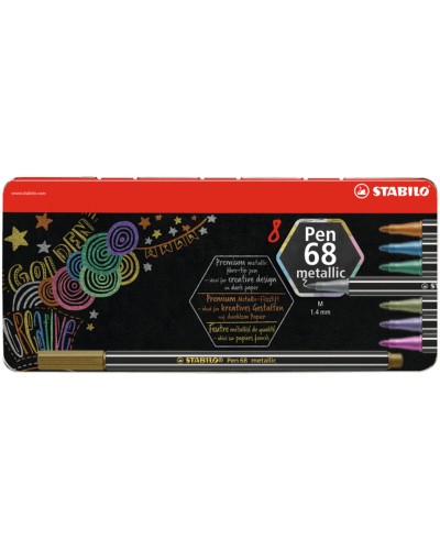 Stylos Feutres Métalliques Stabilo Pen 68, Boîte de 8 Couleurs Brillantes pour Dessins Scintillants.
