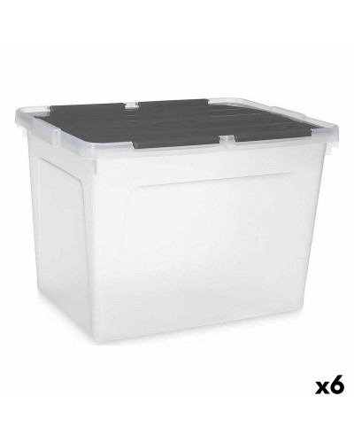 Opbergbak met Deksel 48 L Transparant Antraciet (6 Stuks)