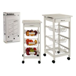 Chariot de Cuisine Blanc Métal Bois Carrelage | Étagère à 3 Niveaux pour Légumes

