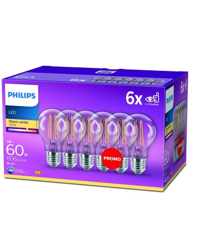 Bombilla LED Transparente Philips E27 60 W (2700K) Luz Cálida para Ambientes Acogedores.
